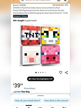 ZHIEND Pixel Video Game Canvas Wall Art - TNT, Cat, Pig, Sheep (4-Pack)